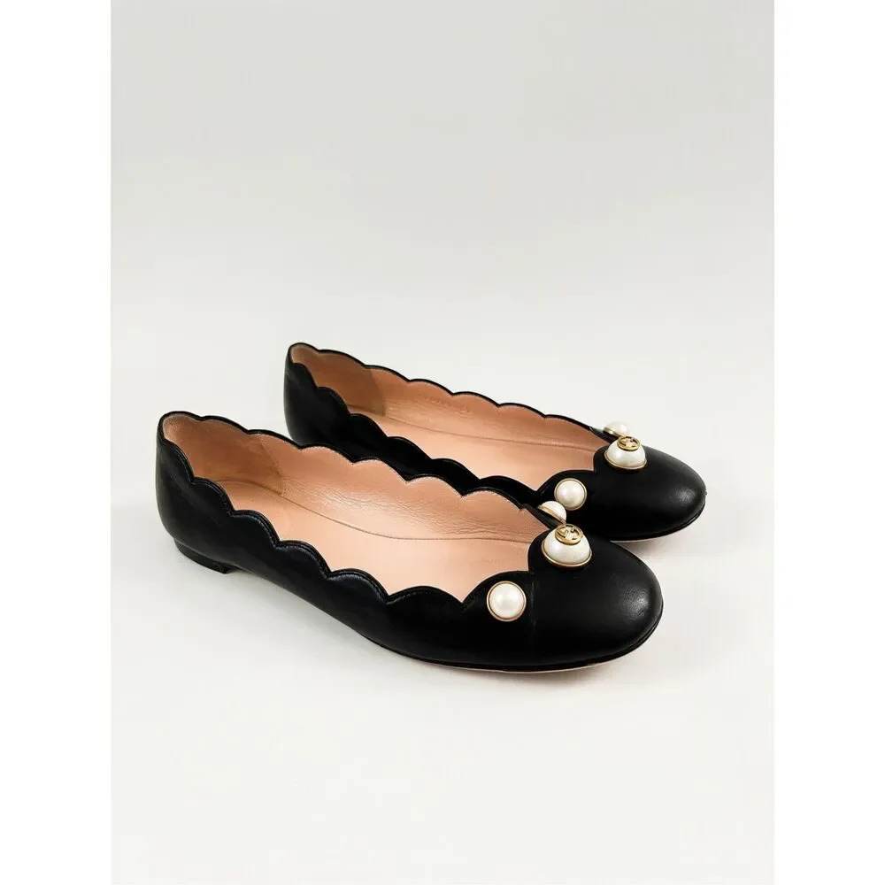 Gucci Black Scalloped Pearl-Embellished Leather Flats